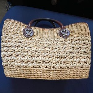 Brighton Straw Tote With Leather Trim, Silver Rope Hearts and Floral Interior